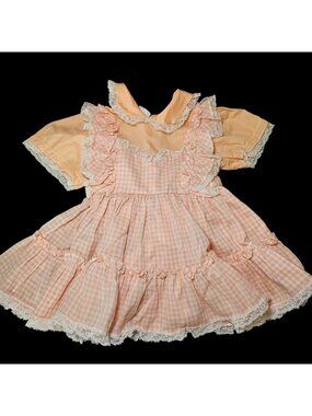 VTG Miniworld 2T Peach Pink Apron‎ Dress Tiered Ruffles Peter Pan Collar READ